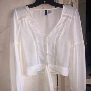 White sheer button up crop top